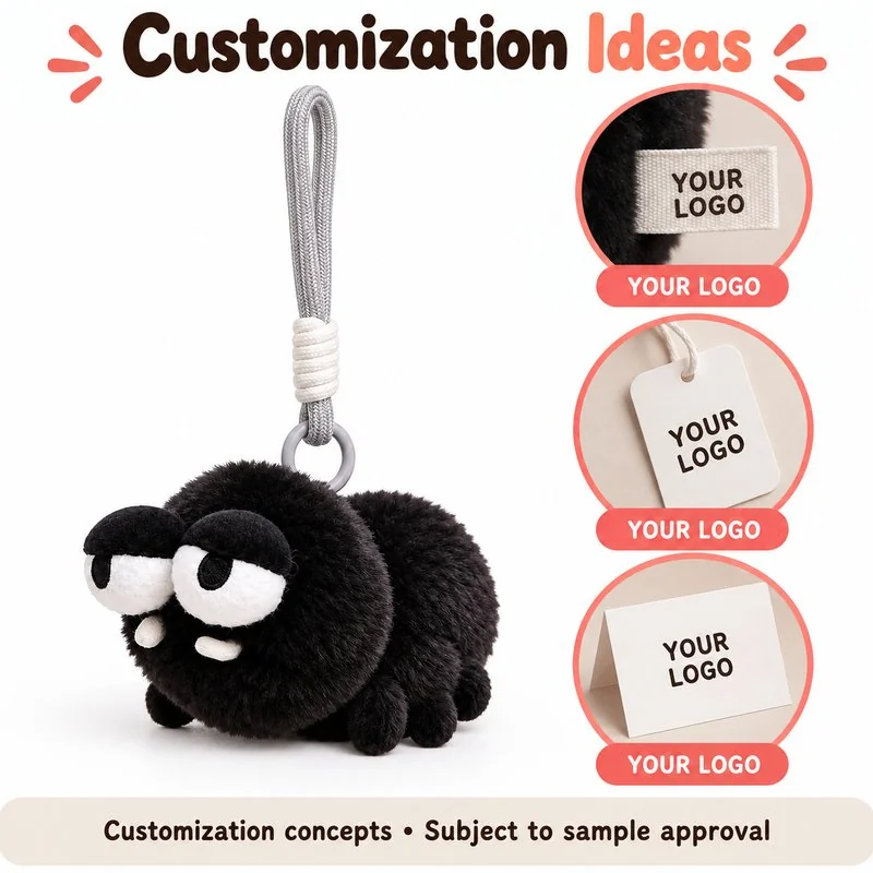 Customization concept for sleepy black spider plush keychain; feasibility and sample approval required.