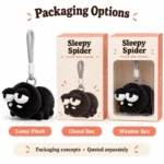 Sleepy Black Spider Plush Keychain — optional packaging concept; final artwork, fit and quotation require confirmation.