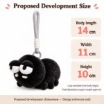 Sleepy Black Spider Plush Keychain — proposed size reference; dimensions require sample confirmation.