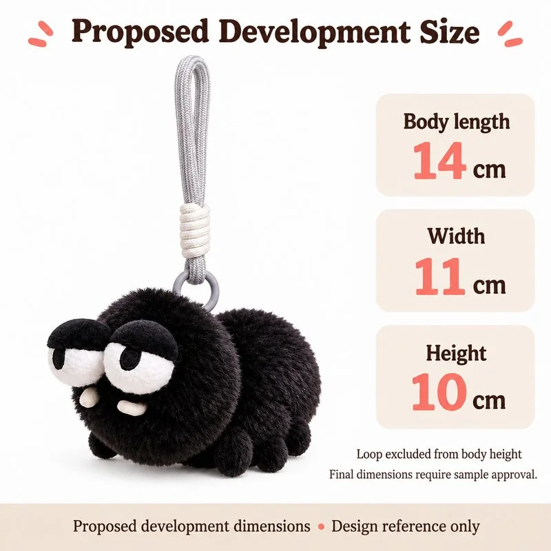 Sleepy Black Spider Plush Keychain — proposed size reference; dimensions require sample confirmation.