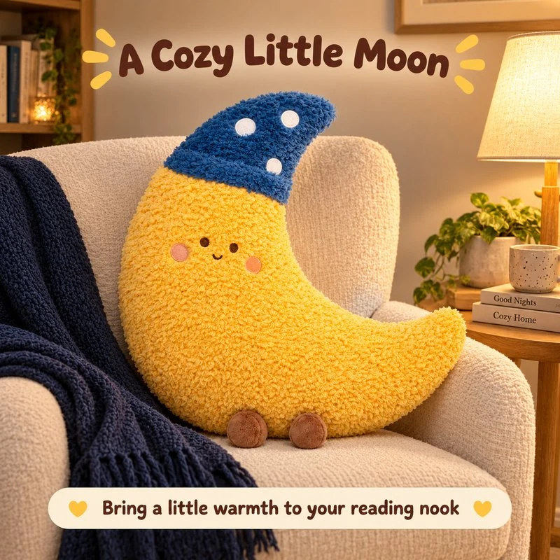 Illustrative application scene featuring sleepy moon plush pillow; setting is a concept.