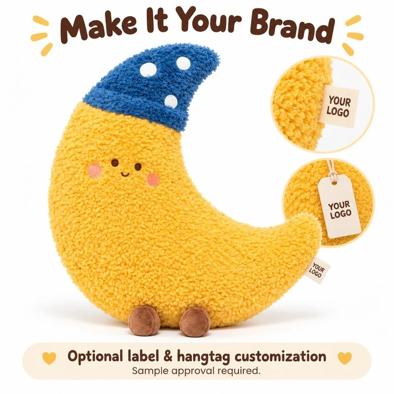 Customization concept for sleepy moon plush pillow; feasibility and sample approval required.