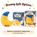 Sleepy Moon Plush Pillow — optional packaging concept; final artwork, fit and quotation require confirmation.