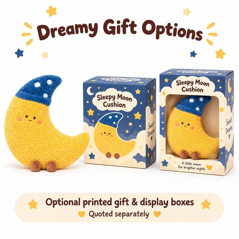Sleepy Moon Plush Pillow — optional packaging concept; final artwork, fit and quotation require confirmation.