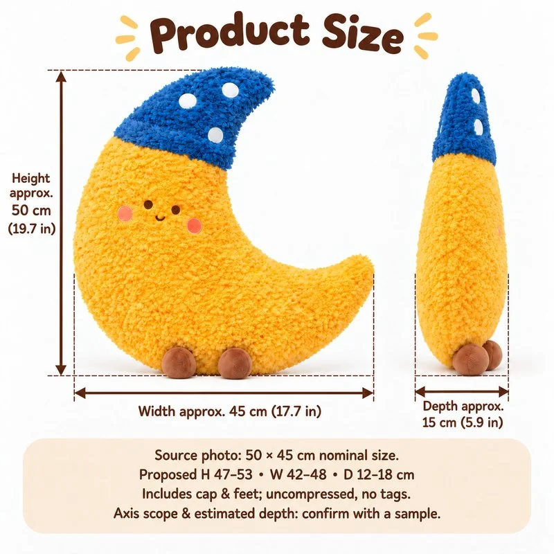 Sleepy Moon Plush Pillow — proposed size reference; dimensions require sample confirmation.