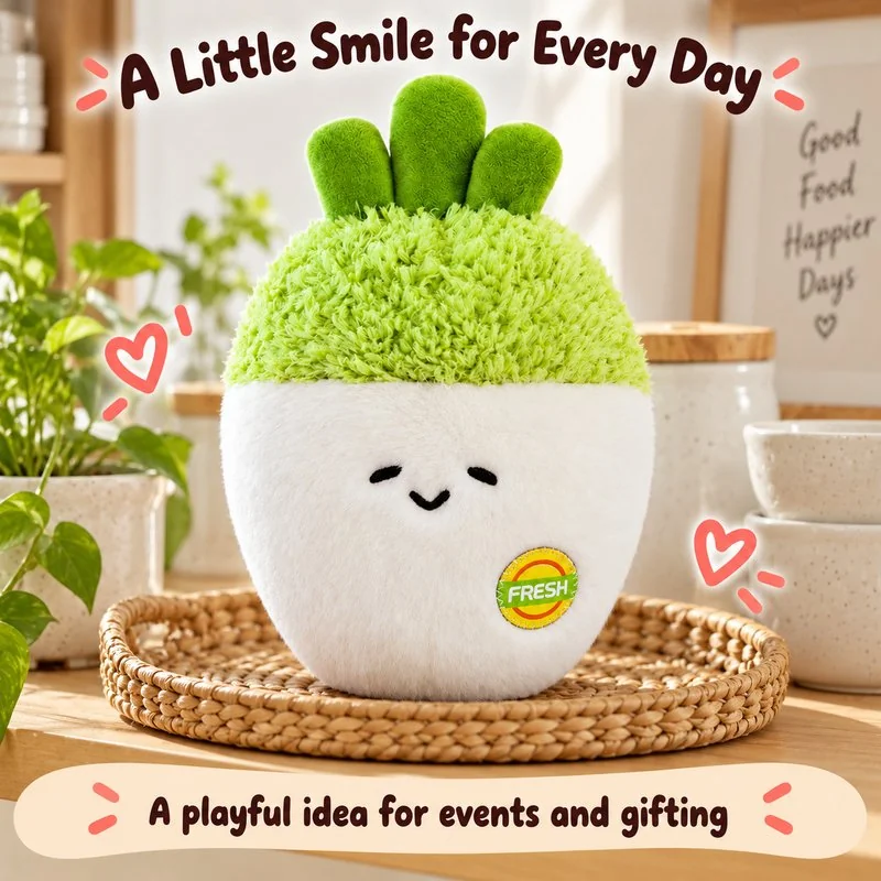 Illustrative application scene featuring sleepy white radish plush; setting is a concept.