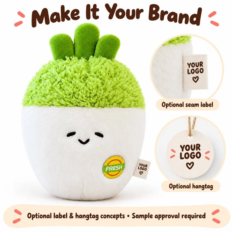 Customization concept for sleepy white radish plush; feasibility and sample approval required.