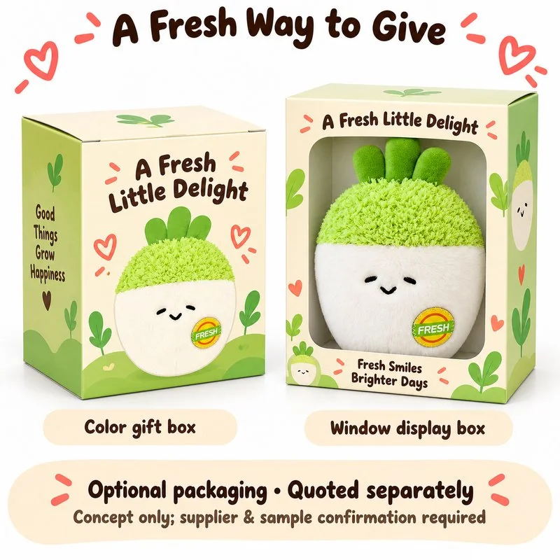 Sleepy White Radish Plush — optional packaging concept; final artwork, fit and quotation require confirmation.