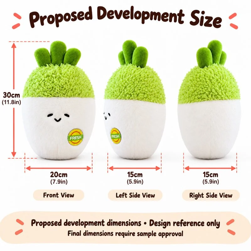 Sleepy White Radish Plush — proposed size reference; dimensions require sample confirmation.
