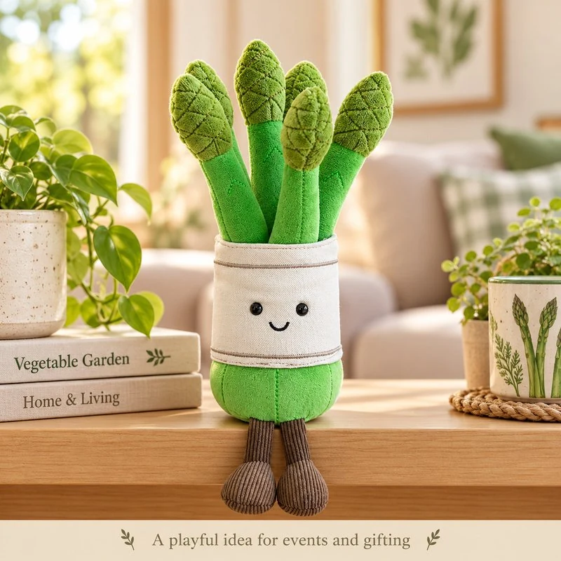 Illustrative application scene featuring smiling asparagus bundle plush; setting is a concept.