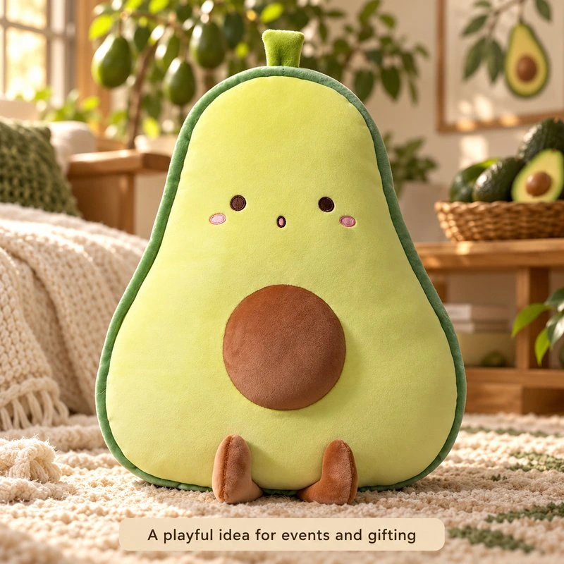 Illustrative application scene featuring smiling half avocado plush cushion; setting is a concept.