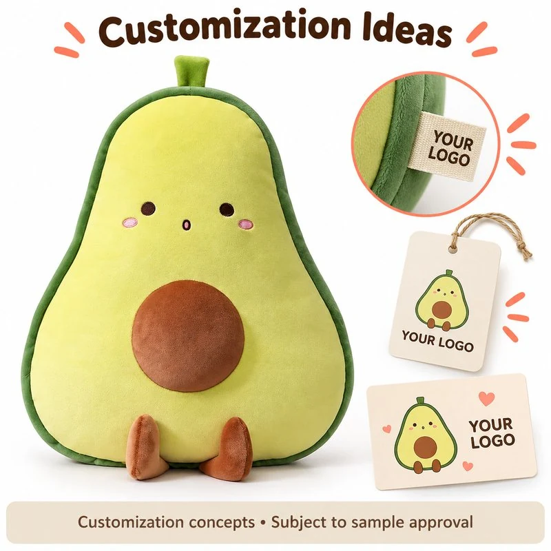 Customization concept for smiling half avocado plush cushion; feasibility and sample approval required.