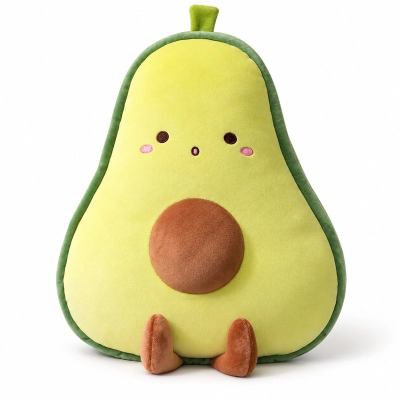Smiling Half Avocado Plush Cushion; AI concept reference, final sample and specifications to be confirmed.