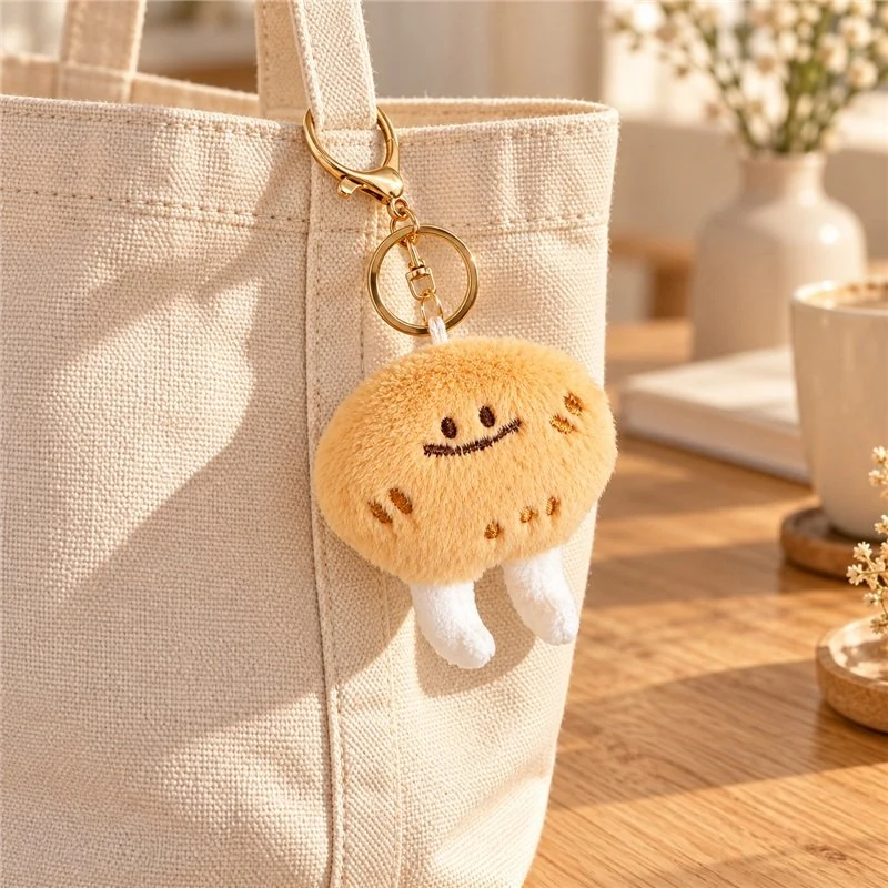 Illustrative application scene featuring smiling biscuit plush keychain; setting is a concept.
