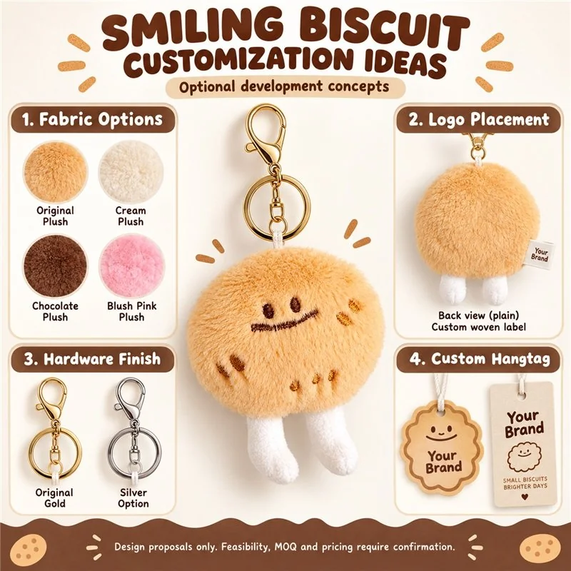 Customization concept for smiling biscuit plush keychain; feasibility and sample approval required.