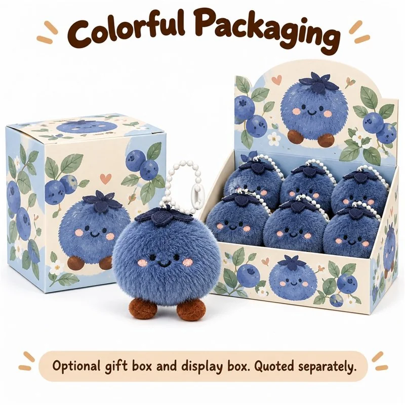 Smiling Blueberry Plush Keychain — optional packaging concept; final artwork, fit and quotation require confirmation.