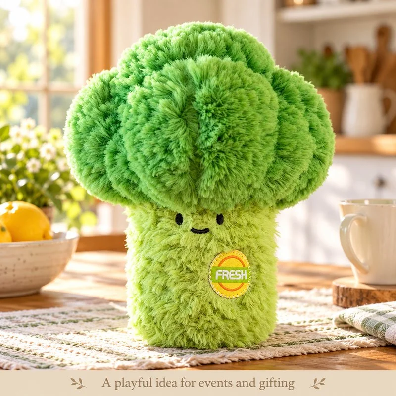 Illustrative application scene featuring smiling broccoli plush; setting is a concept.