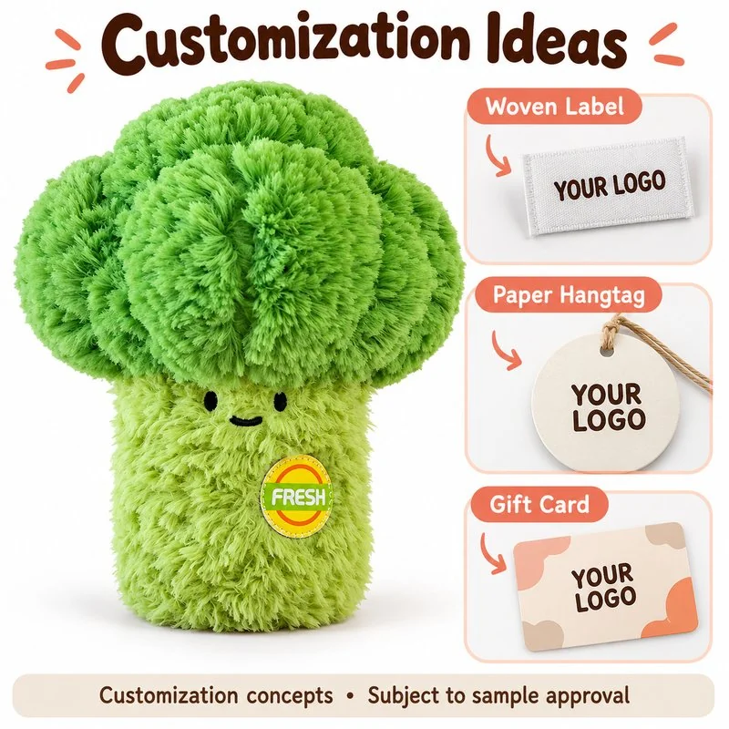 Customization concept for smiling broccoli plush; feasibility and sample approval required.
