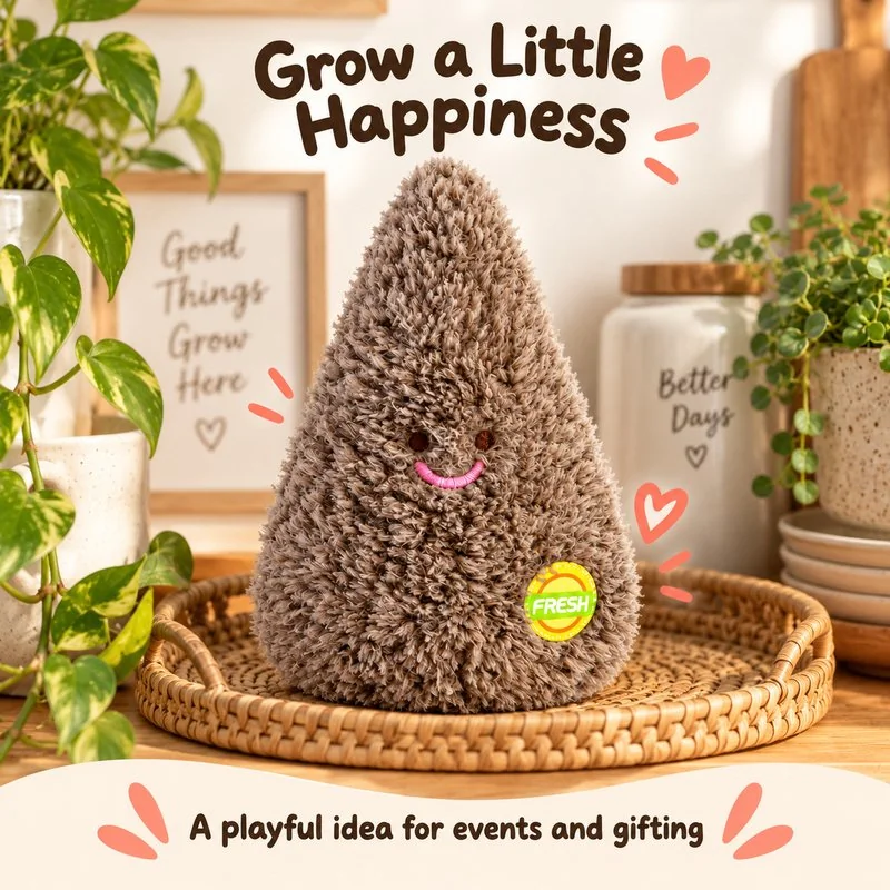 Illustrative application scene featuring smiling brown seed plush; setting is a concept.