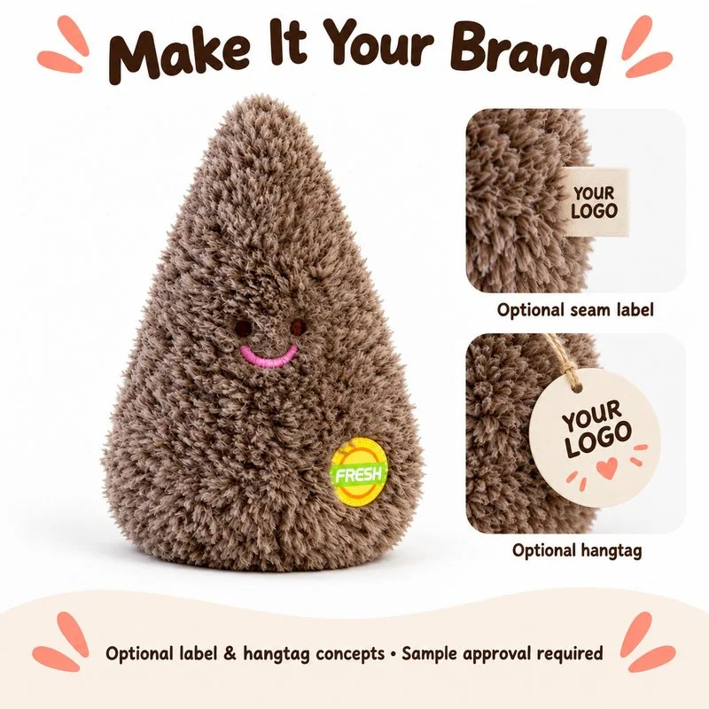 Customization concept for smiling brown seed plush; feasibility and sample approval required.