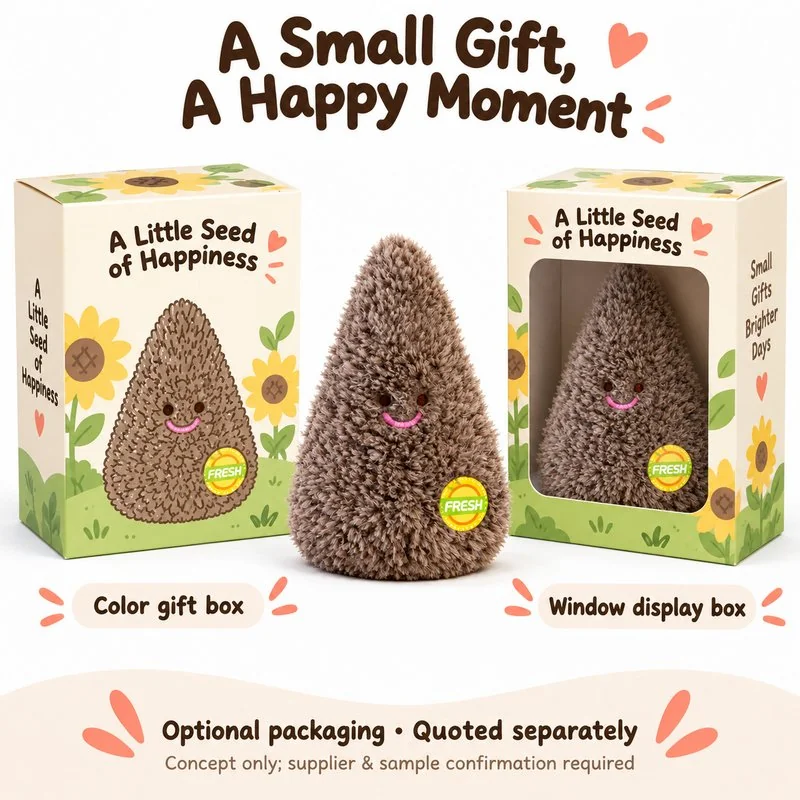 Smiling Brown Seed Plush — optional packaging concept; final artwork, fit and quotation require confirmation.