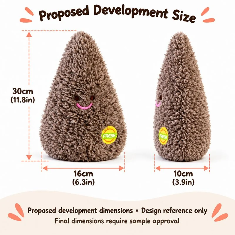 Smiling Brown Seed Plush — proposed size reference; dimensions require sample confirmation.