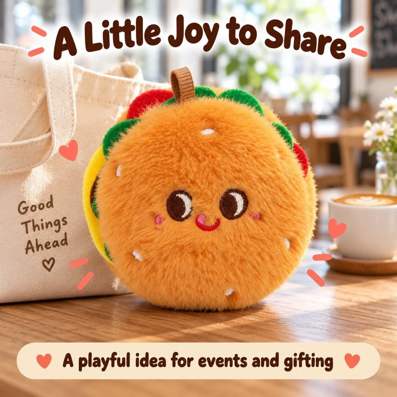 Illustrative application scene featuring smiling burger plush charm; setting is a concept.