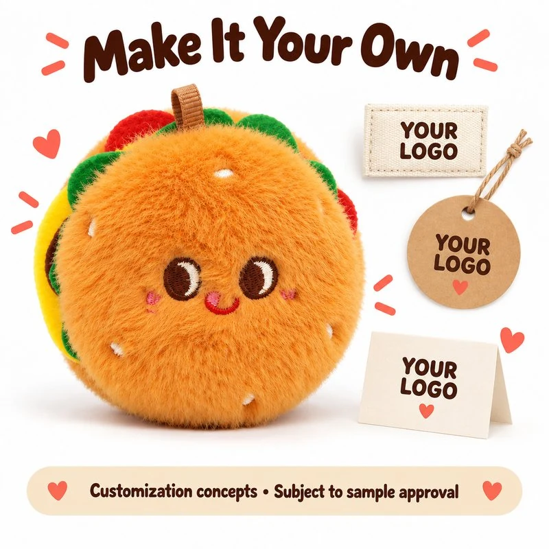Customization concept for smiling burger plush charm; feasibility and sample approval required.