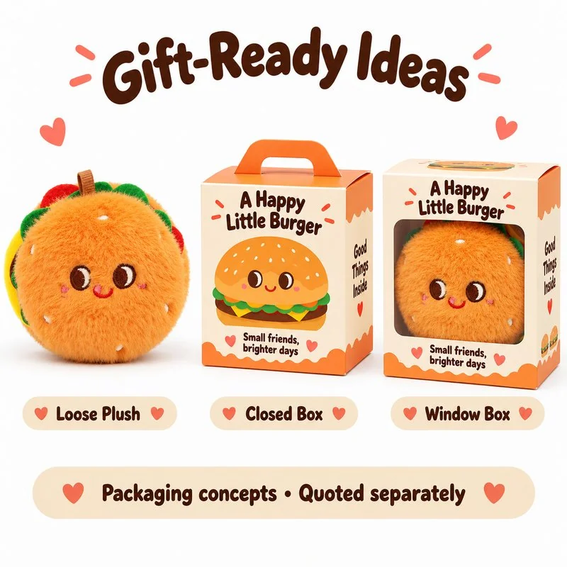 Smiling Burger Plush Charm — optional packaging concept; final artwork, fit and quotation require confirmation.