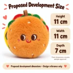 Smiling Burger Plush Charm — proposed size reference; dimensions require sample confirmation.