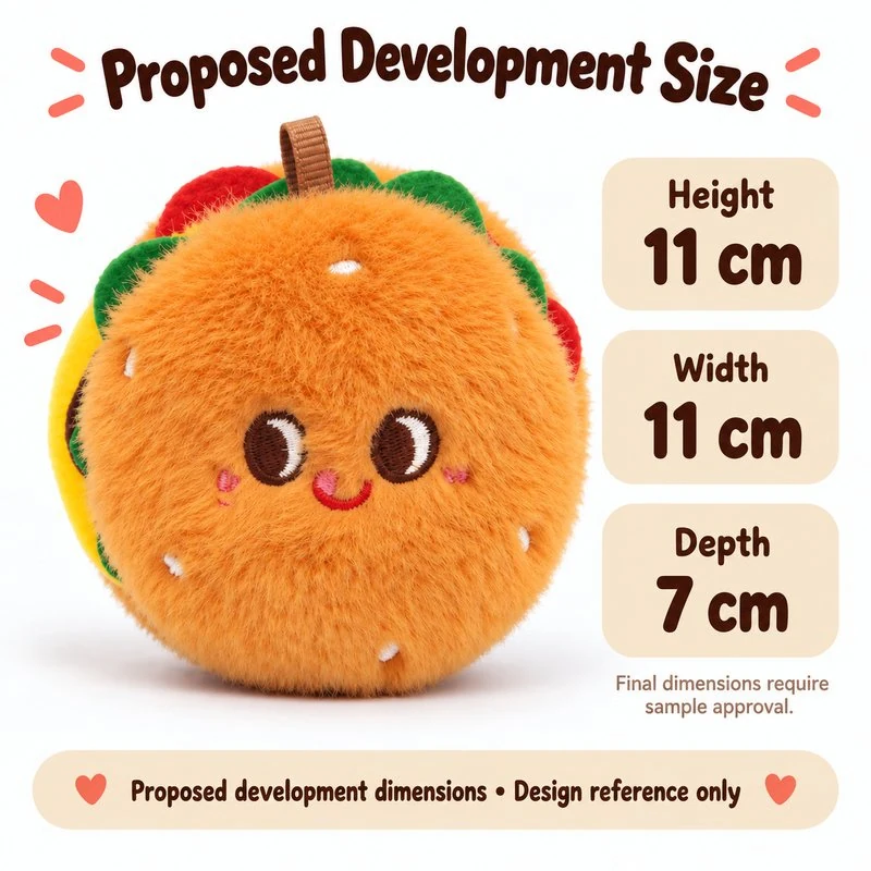 Smiling Burger Plush Charm — proposed size reference; dimensions require sample confirmation.
