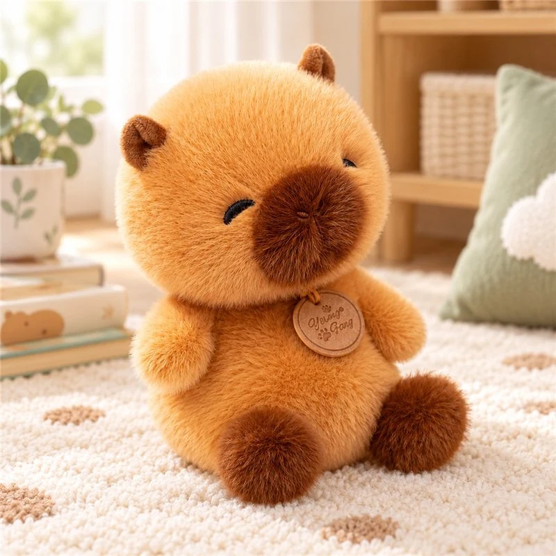 Illustrative application scene featuring smiling capybara plush; setting is a concept.