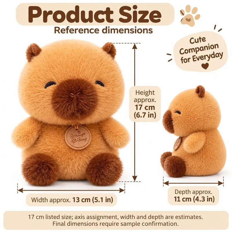 Smiling Capybara Plush — proposed size reference; dimensions require sample confirmation.
