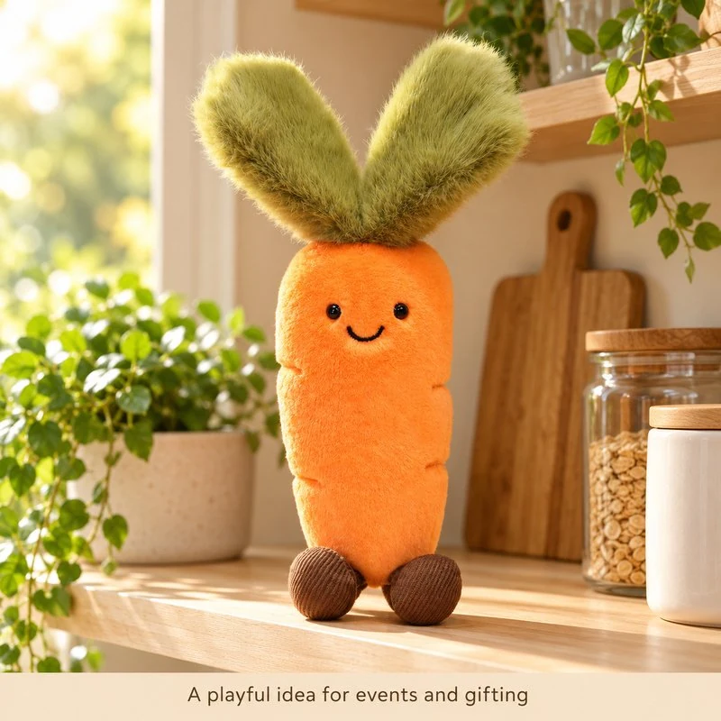 Illustrative application scene featuring smiling carrot plush; setting is a concept.