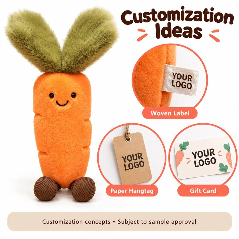Customer-logo placement concept for smiling carrot plush; proposed label or hangtag options require sample approval.