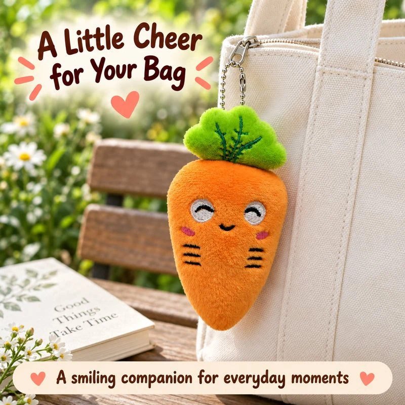 Illustrative application scene featuring smiling carrot plush keychain; setting is a concept.