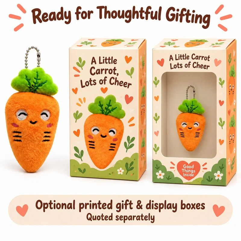 Smiling Carrot Plush Keychain — optional packaging concept; final artwork, fit and quotation require confirmation.