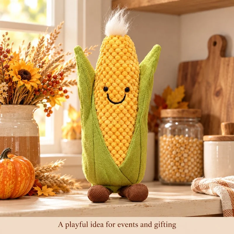 Illustrative application scene featuring smiling corn plush; setting is a concept.
