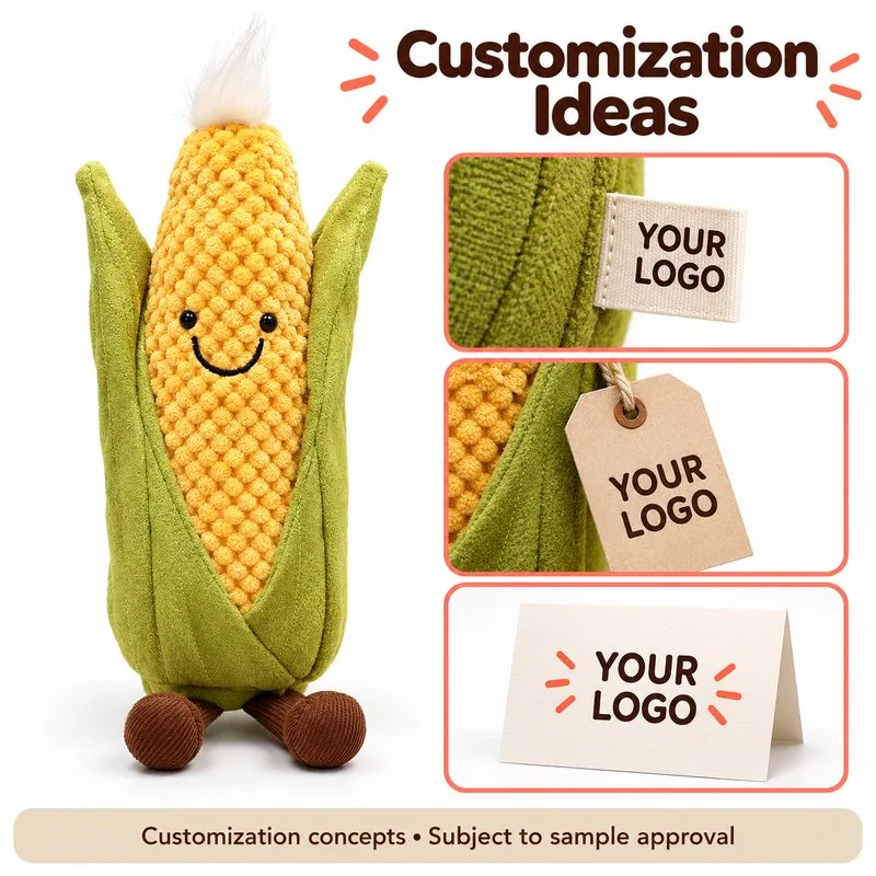 Customization concept for smiling corn plush; feasibility and sample approval required.
