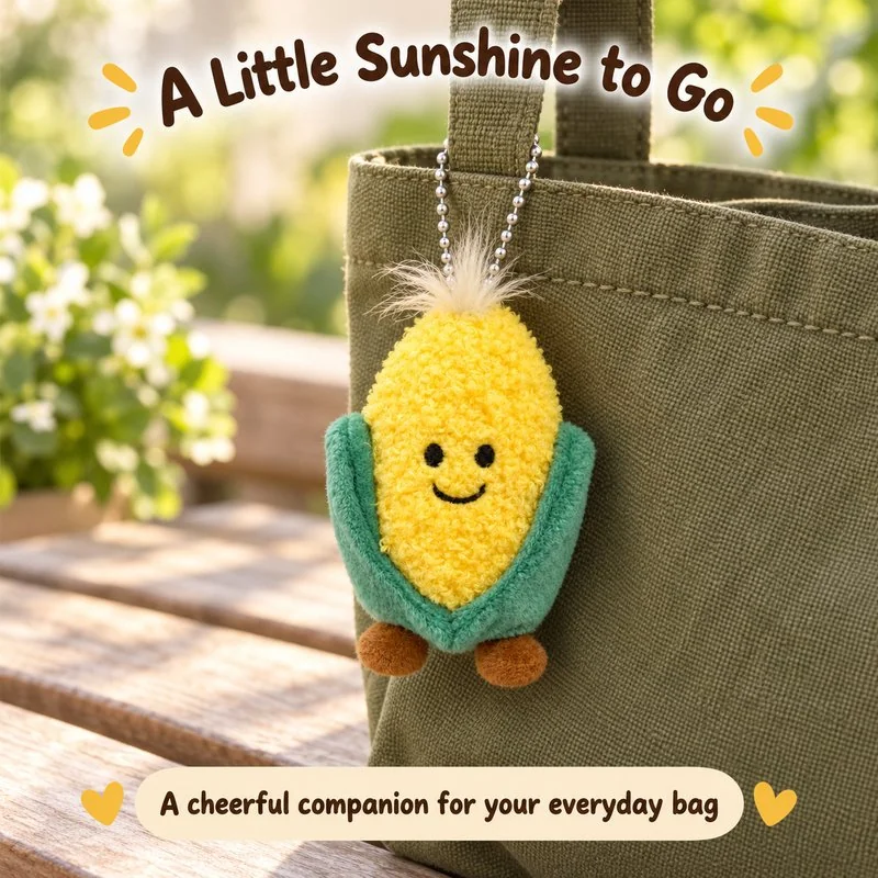 Illustrative application scene featuring smiling corn plush keychain; setting is a concept.