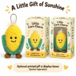 Smiling Corn Plush Keychain — optional packaging concept; final artwork, fit and quotation require confirmation.