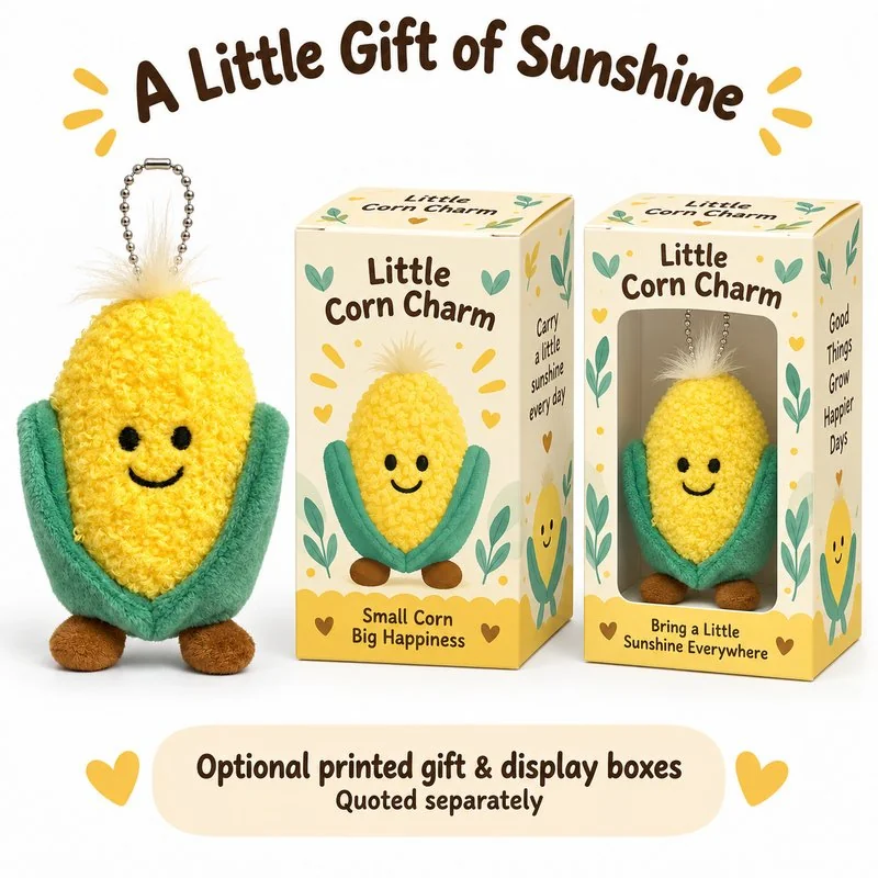 Smiling Corn Plush Keychain — optional packaging concept; final artwork, fit and quotation require confirmation.
