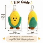 Smiling Corn Plush Keychain — proposed size reference; dimensions require sample confirmation.