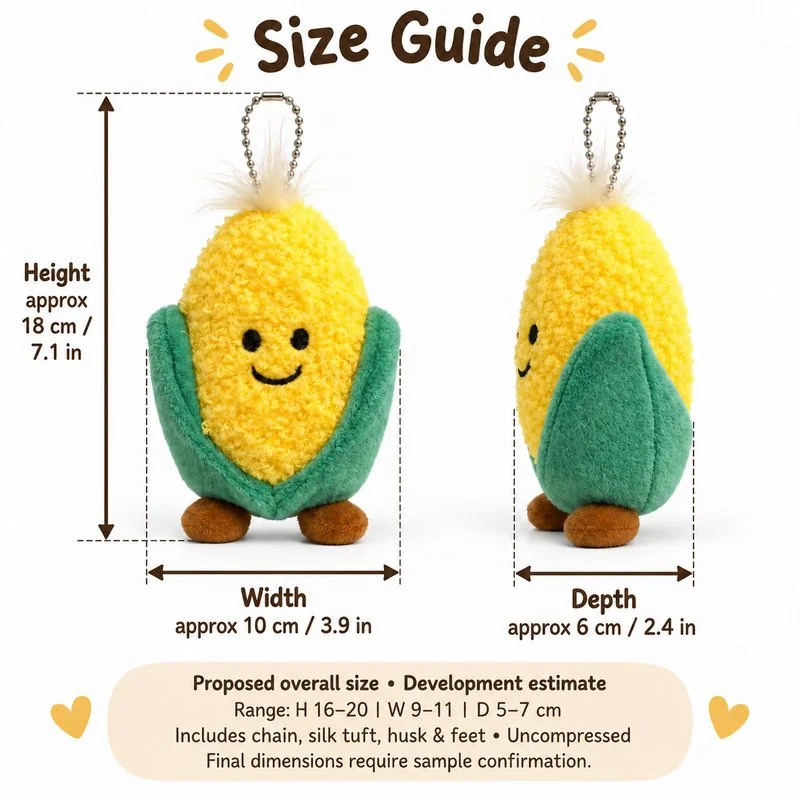 Smiling Corn Plush Keychain — proposed size reference; dimensions require sample confirmation.