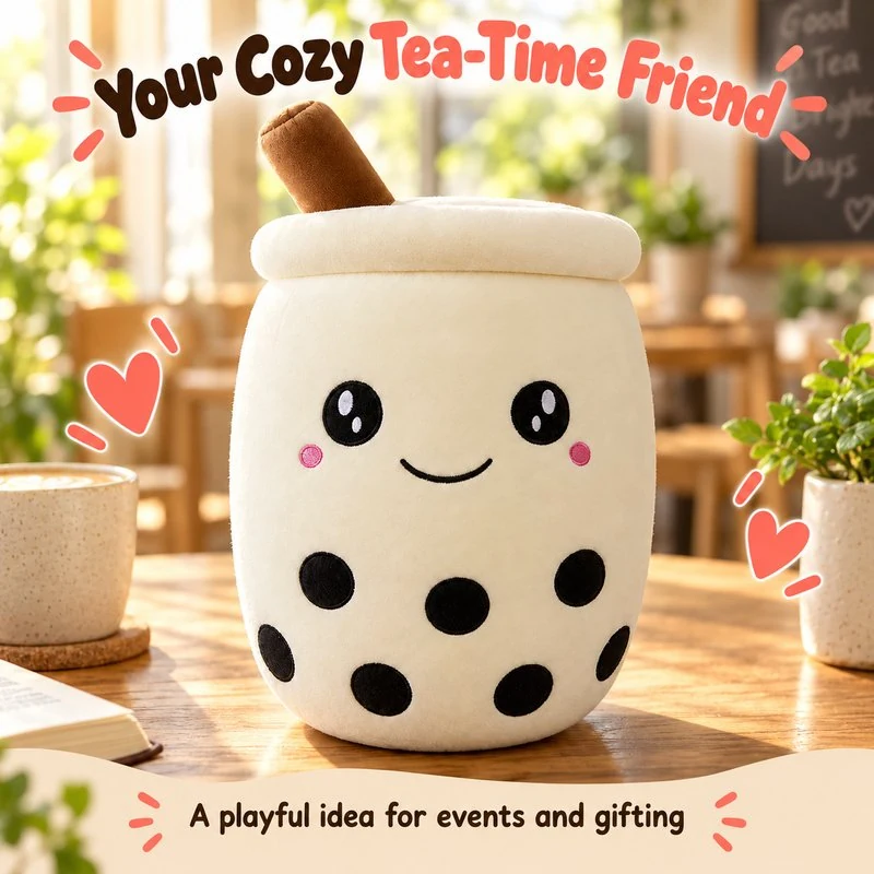 Illustrative application scene featuring smiling cream boba tea cup plush; setting is a concept.