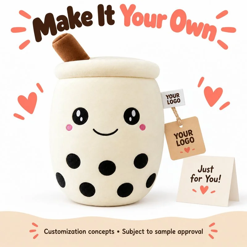 Customization concept for smiling cream boba tea cup plush; feasibility and sample approval required.