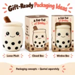 Smiling Cream Boba Tea Cup Plush — optional packaging concept; final artwork, fit and quotation require confirmation.