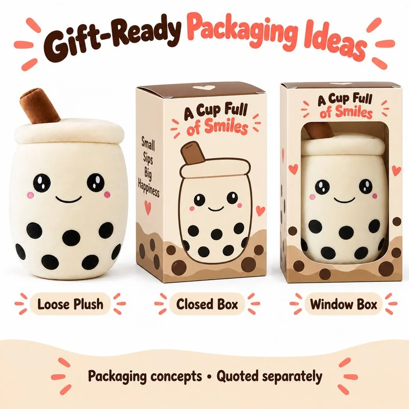 Smiling Cream Boba Tea Cup Plush — optional packaging concept; final artwork, fit and quotation require confirmation.