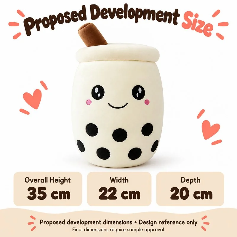 Smiling Cream Boba Tea Cup Plush — proposed size reference; dimensions require sample confirmation.