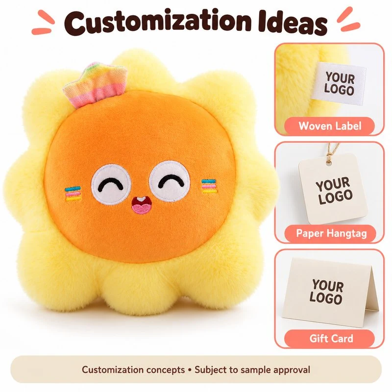 Customization concept for smiling crowned sunflower plush; feasibility and sample approval required.